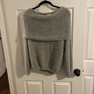 Grey off the shoulder cable knit sweater